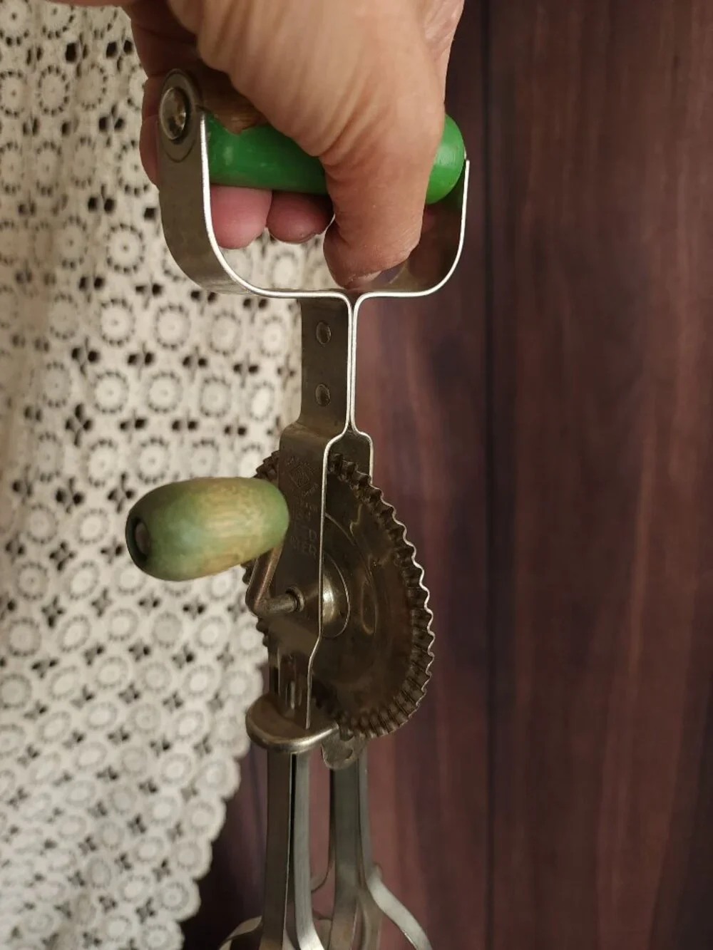 Vintage 190s Hand Mixer, A&J Manual High Speed Egg Beater with Green Wood Handle
